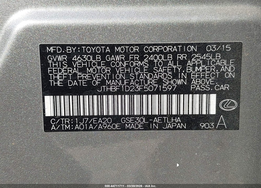 2015 LEXUS IS 250 VIN: JTHBF1D23F5071597