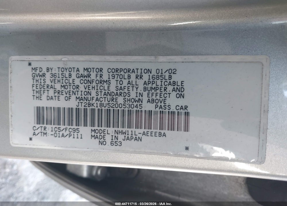 2002 TOYOTA PRIUS VIN: JT2BK18U520053045