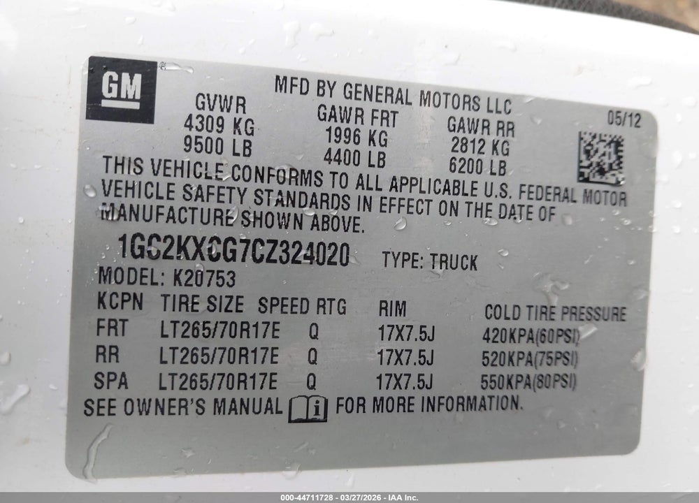 2012 CHEVROLET SILVERADO 2500HD LT VIN: 1GC2KXCG7CZ324020
