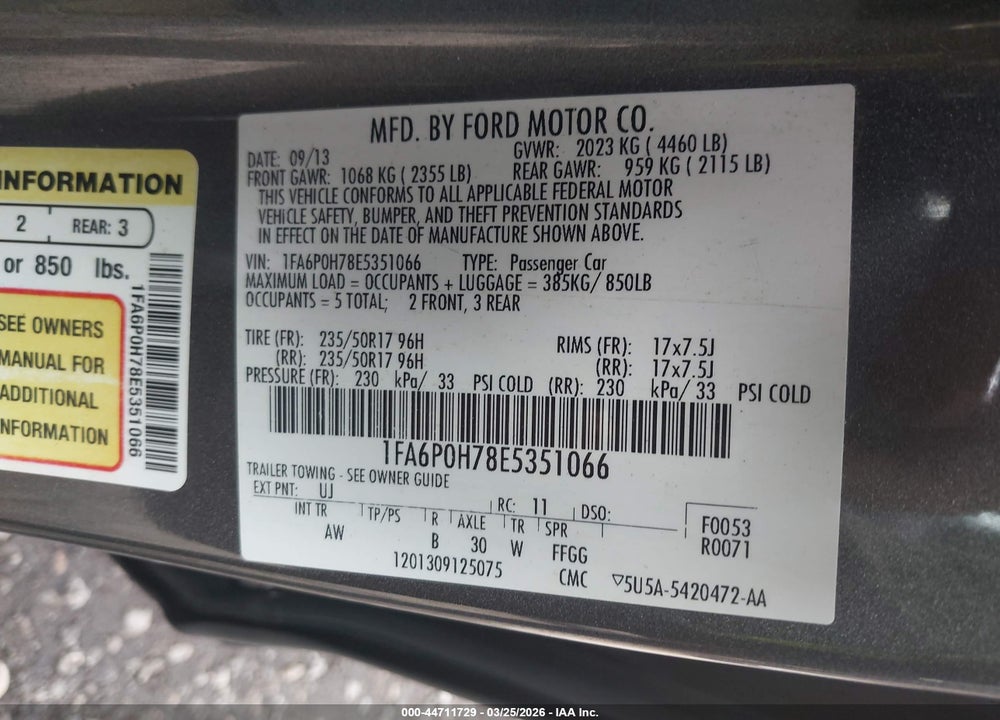 2014 FORD FUSION SE VIN: 1FA6P0H78E5351066