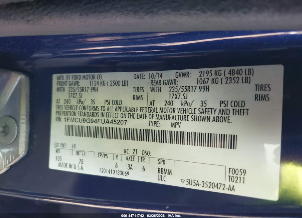 2015 FORD ESCAPE SE VIN: 1FMCU9G94FUA45207