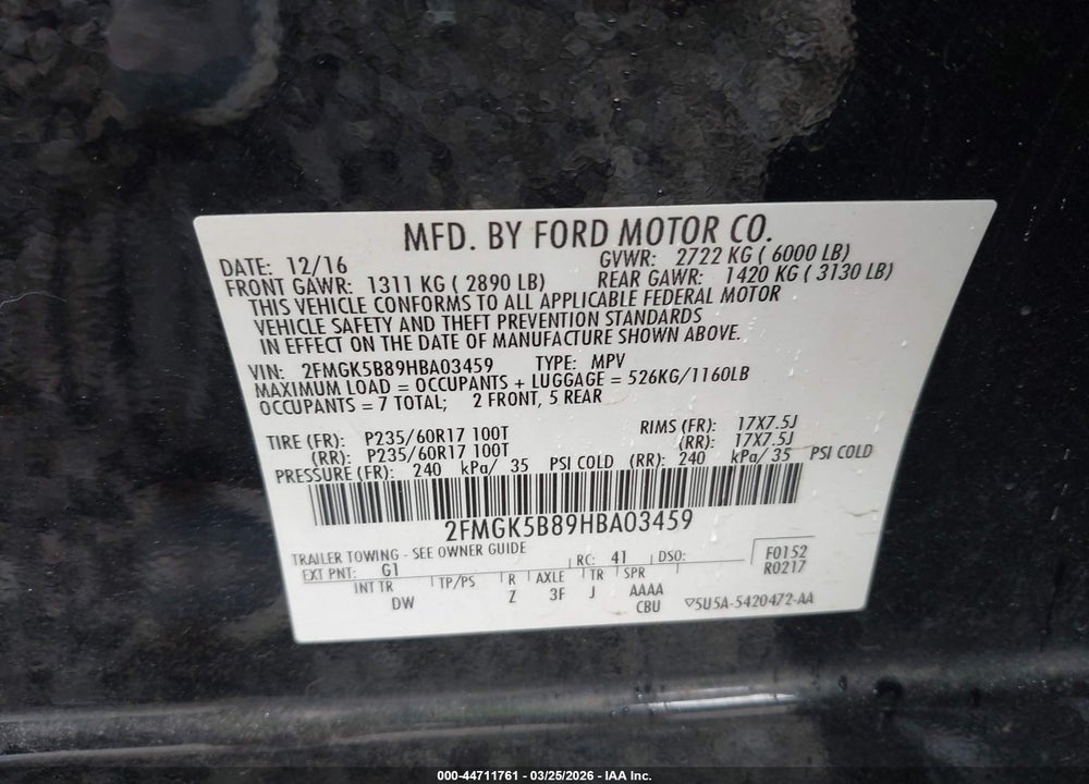 2017 FORD FLEX SE VIN: 2FMGK5B89HBA03459