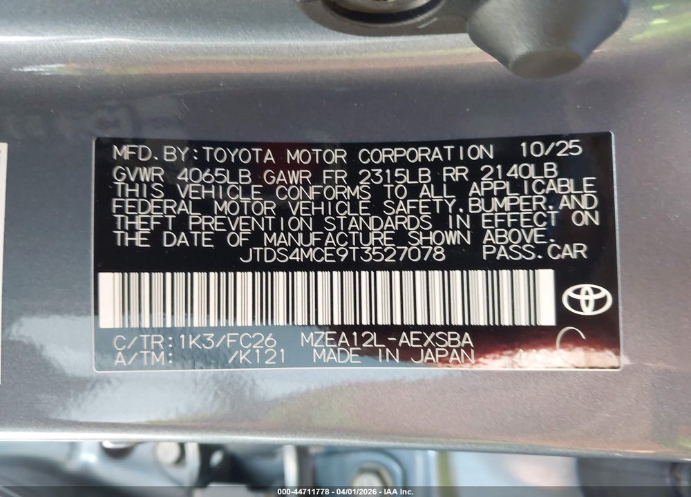 2026 TOYOTA COROLLA SE VIN: JTDS4MCE9T3527078