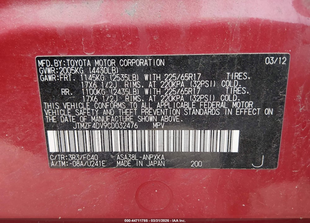 2012 TOYOTA RAV4 VIN: JTMZF4DV9CD032476