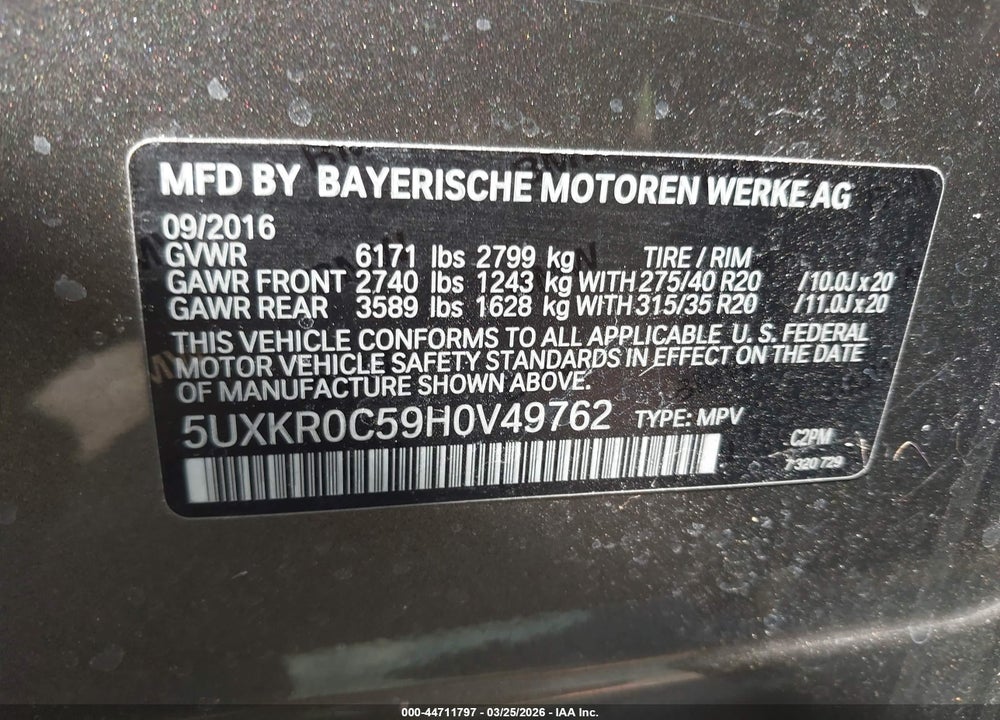 2017 BMW X5 XDRIVE35I VIN: 5UXKR0C59H0V49762
