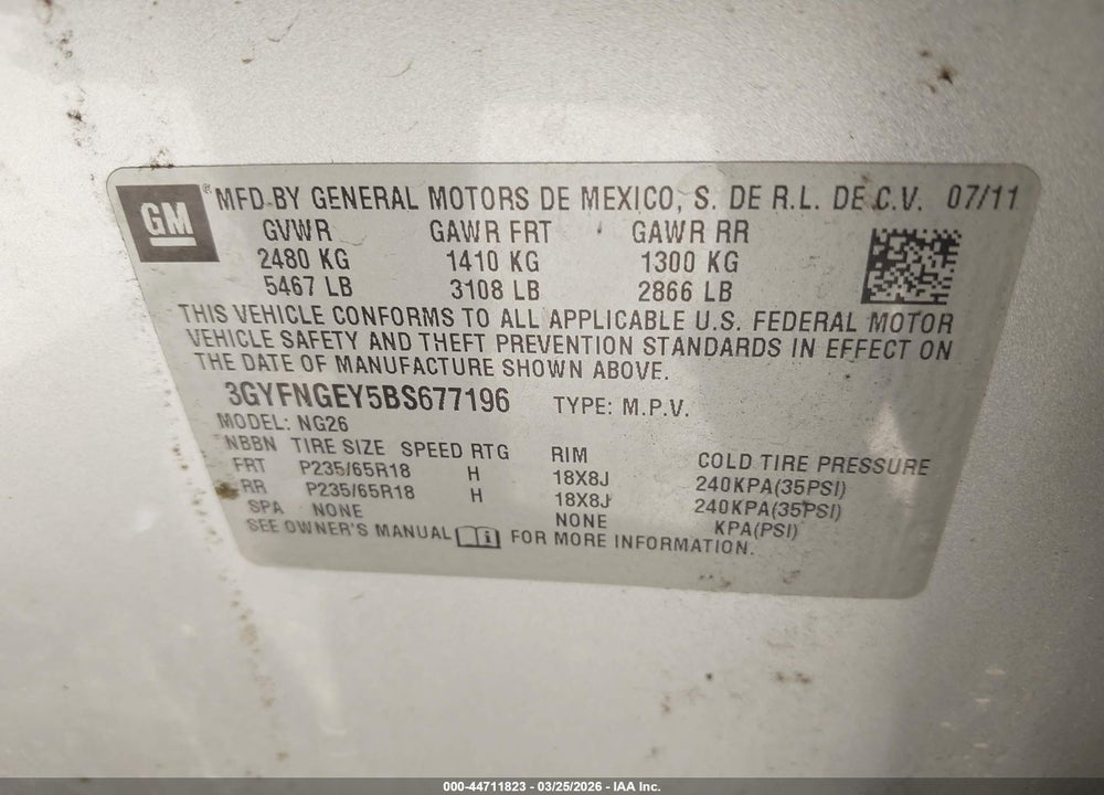 2011 CADILLAC SRX STANDARD VIN: 3GYFNGEY5BS677196