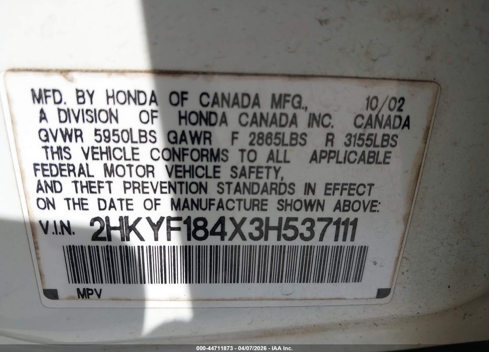 2003 HONDA PILOT EX VIN: 2HKYF184X3H537111
