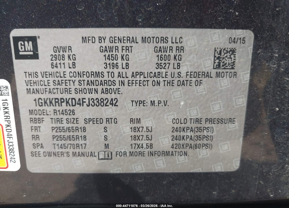 2015 GMC ACADIA SLE-2 VIN: 1GKKRPKD4FJ338242