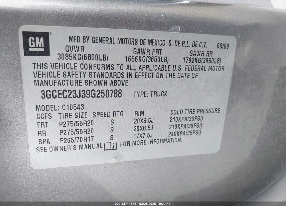 2009 CHEVROLET SILVERADO 1500 LT VIN: 3GCEC23J39G250788