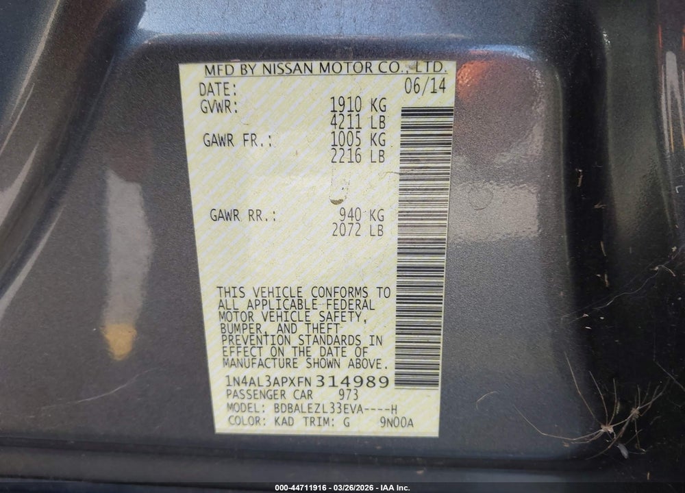 2015 NISSAN ALTIMA 2.5 S VIN: 1N4AL3APXFN314989