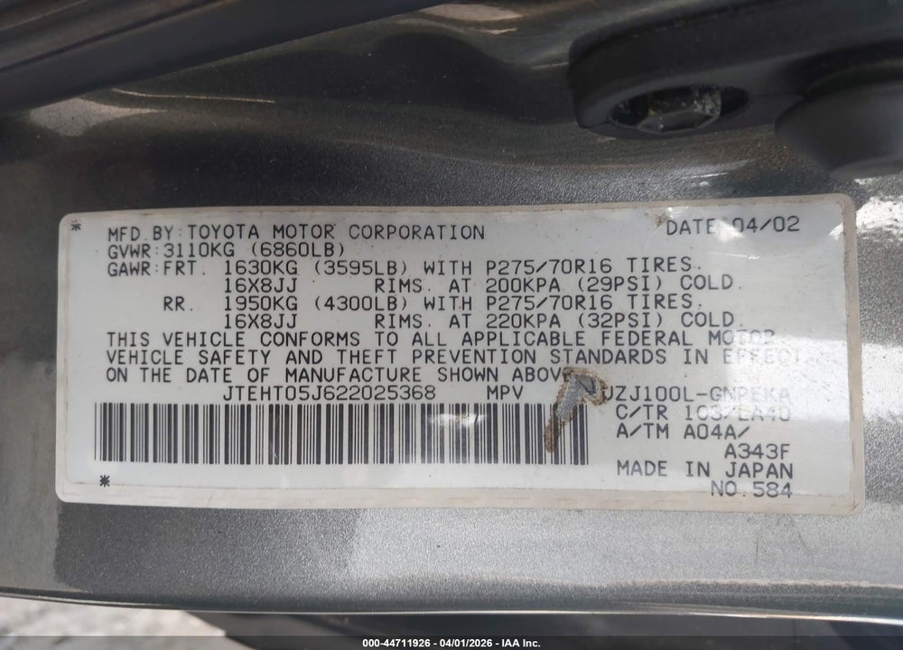 2002 TOYOTA LAND CRUISER VIN: JTEHT05J622025368