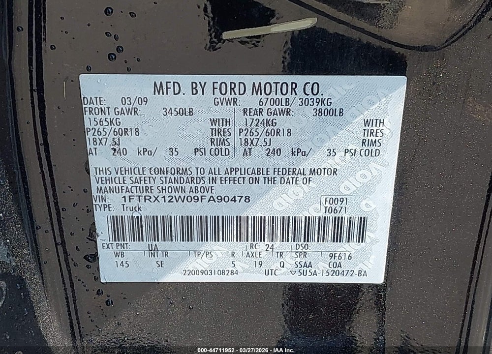 2009 FORD F-150 STX VIN: 1FTRX12W09FA90478