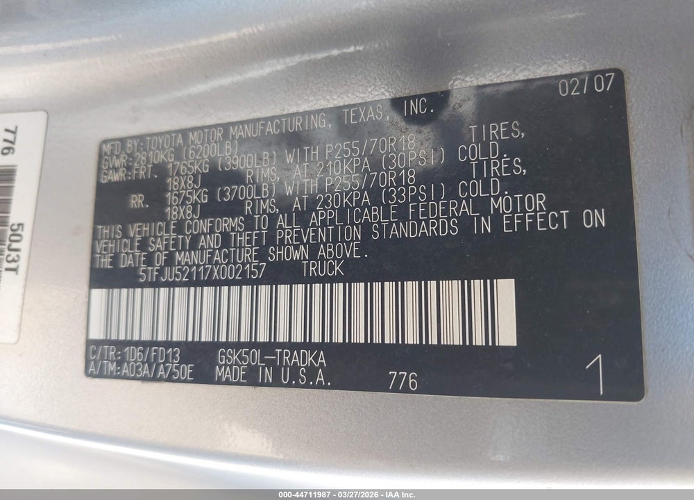 2007 TOYOTA TUNDRA BASE V6 VIN: 5TFJU52117X002157
