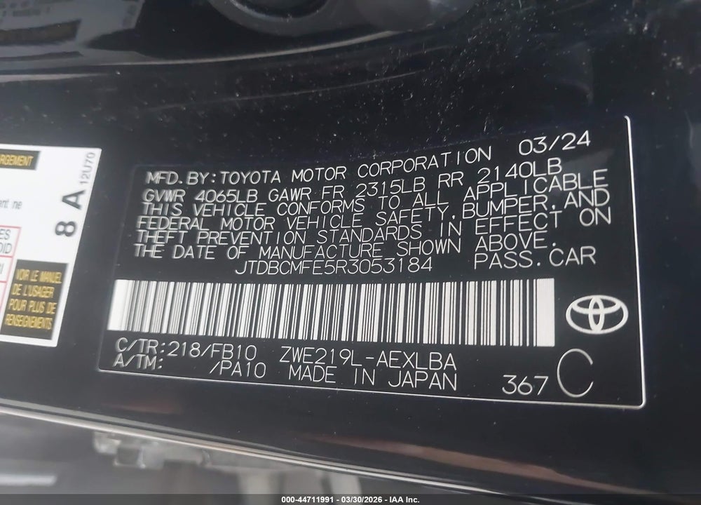 2024 TOYOTA COROLLA HYBRID LE VIN: JTDBCMFE5R3053184