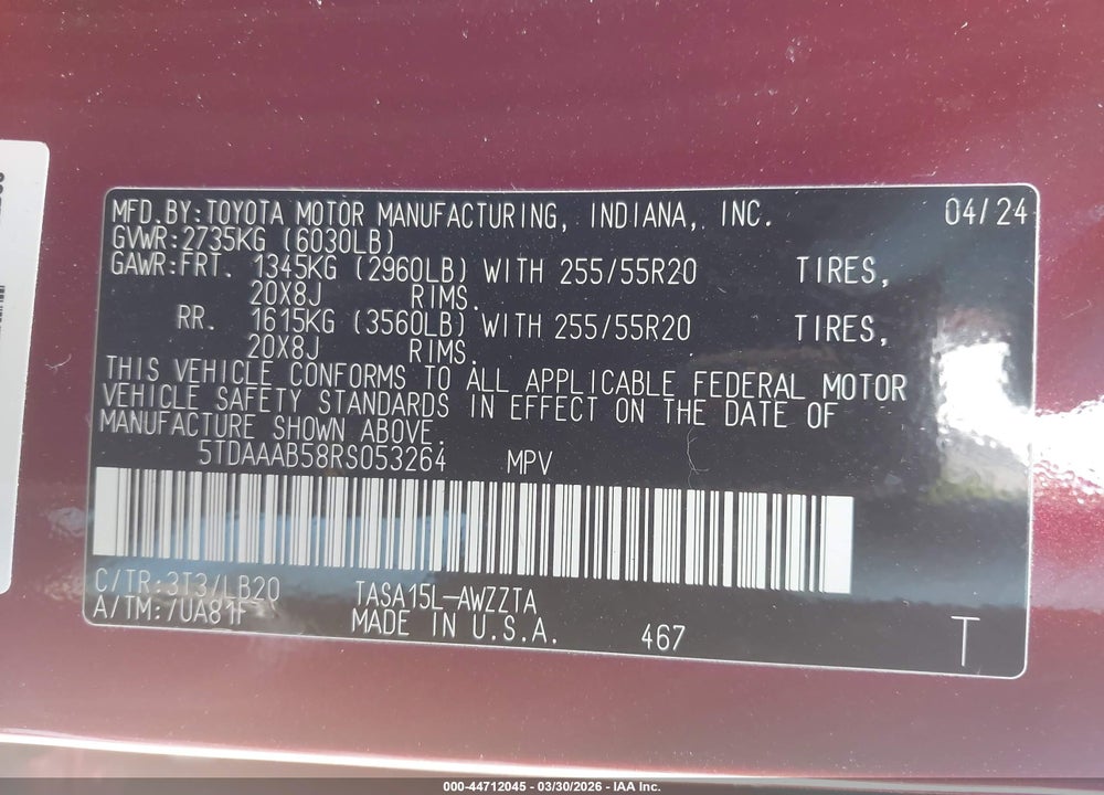 2024 TOYOTA GRAND HIGHLANDER PLATINUM VIN: 5TDAAAB58RS053264