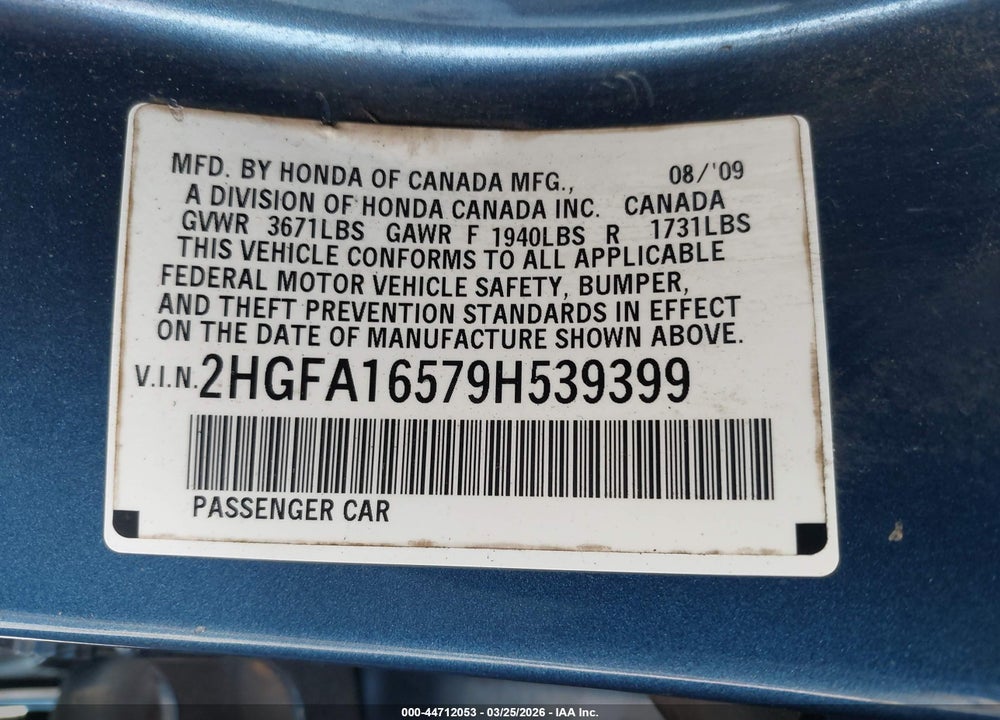 2009 HONDA CIVIC LX VIN: 2HGFA16579H539399
