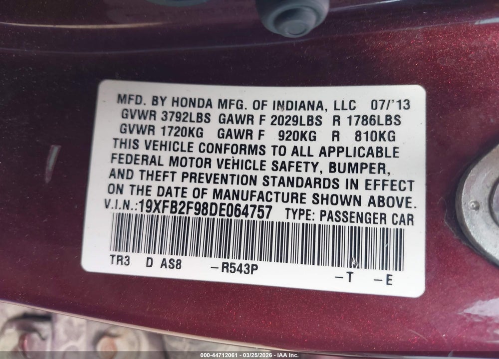 2013 HONDA CIVIC EX-L VIN: 19XFB2F98DE064757