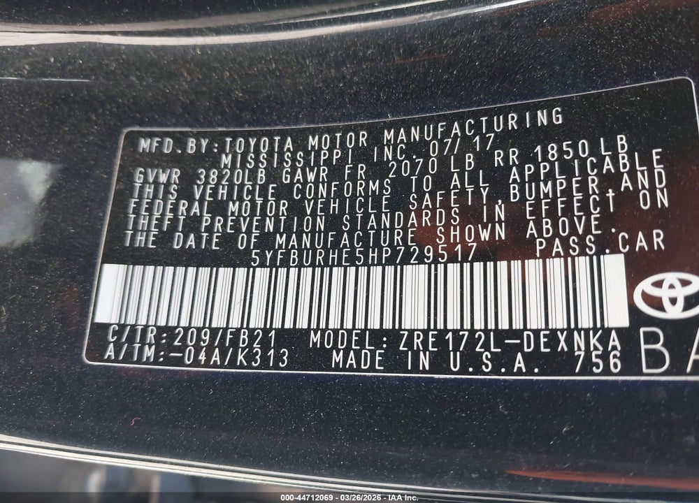 2017 TOYOTA COROLLA LE VIN: 5YFBURHE5HP729517