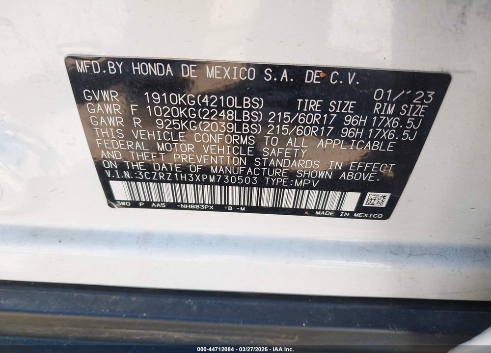 2023 HONDA HR-V 2WD LX VIN: 3CZRZ1H3XPM730503