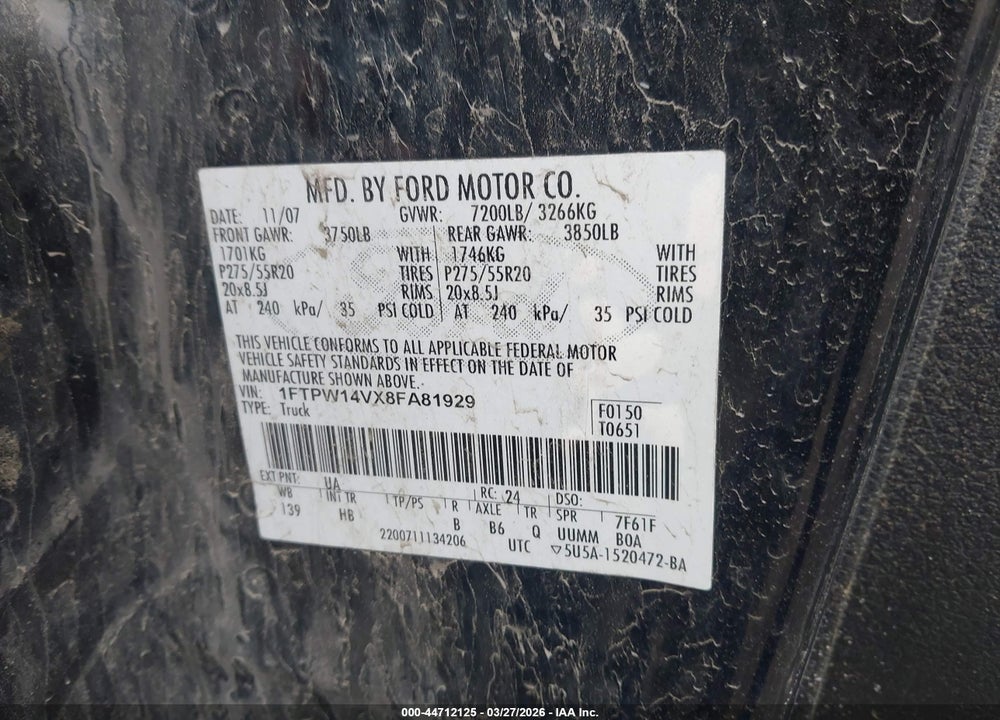2008 FORD F-150 60TH ANNIVERSARY/FX4/KING RANCH/LARIAT/XLT VIN: 1FTPW14VX8FA81929