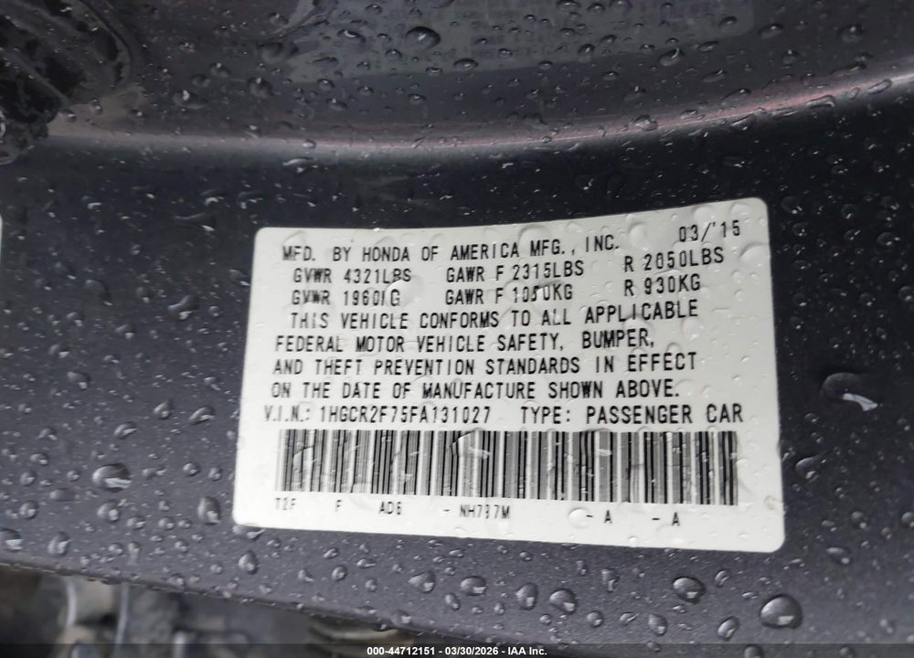 2015 HONDA ACCORD EX VIN: 1HGCR2F75FA131027