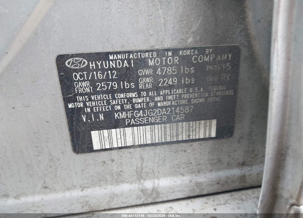 2013 HYUNDAI AZERA VIN: KMHFG4JG2DA214587
