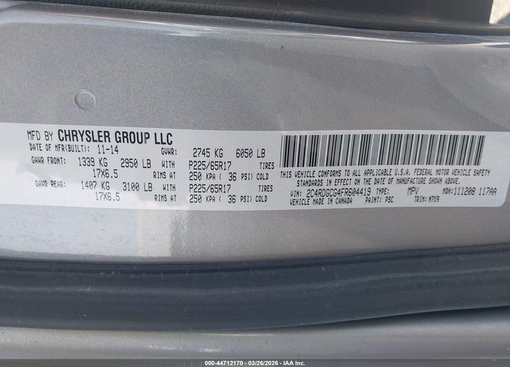2015 DODGE GRAND CARAVAN SXT VIN: 2C4RDGCG4FR604419