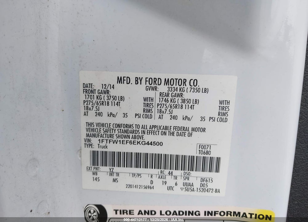 2014 FORD F-150 XLT VIN: 1FTFW1EF6EKG44500
