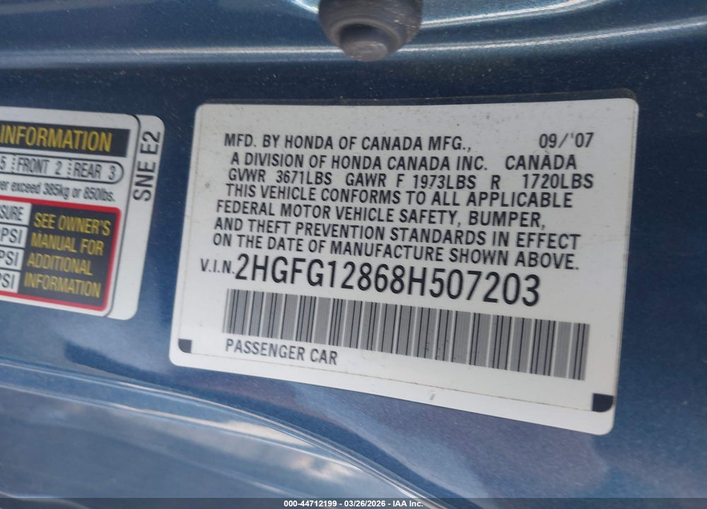 2008 HONDA CIVIC EX VIN: 2HGFG12868H507203