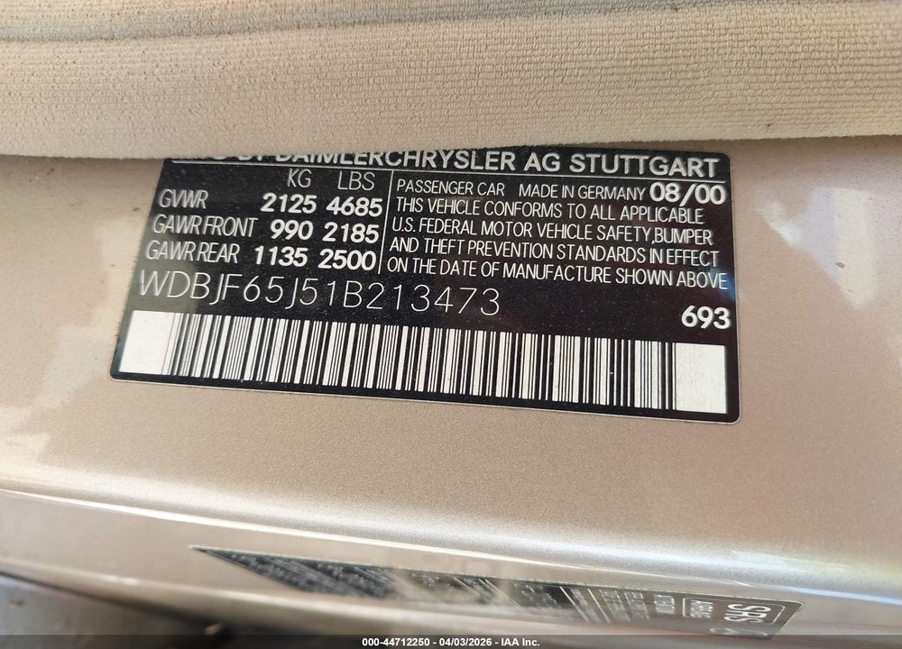 2001 MERCEDES-BENZ E 320 VIN: WDBJF65J51B213473