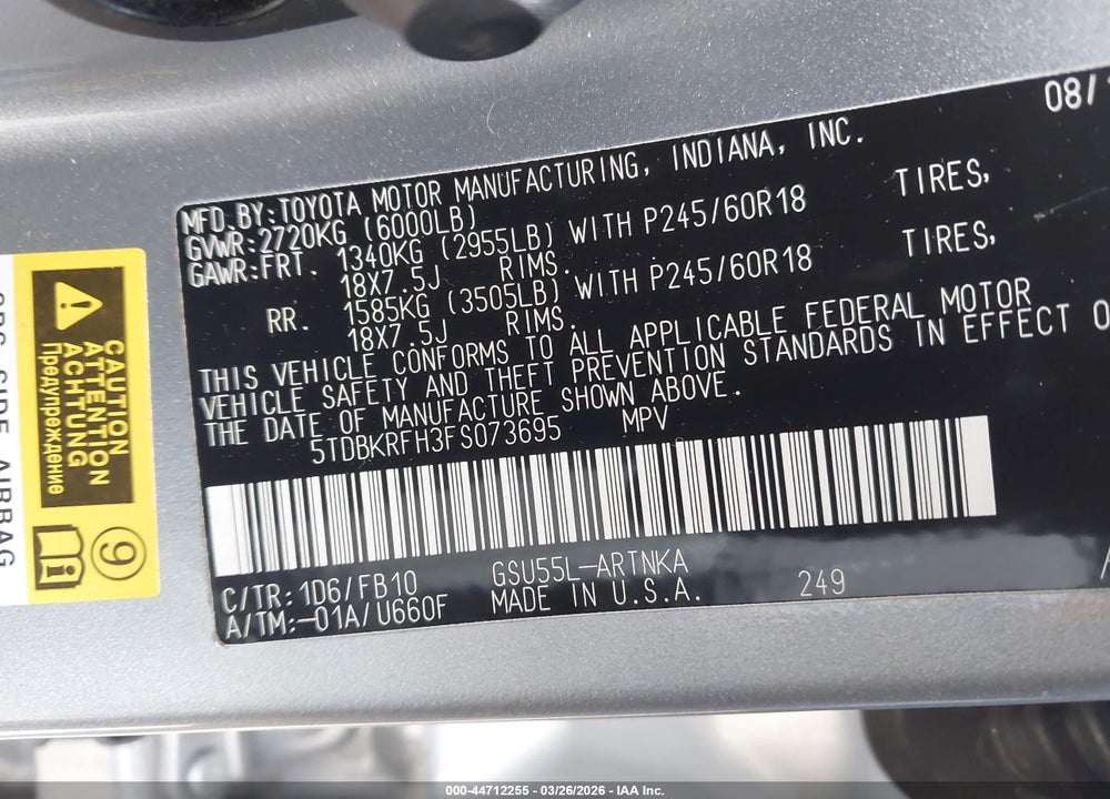 2015 TOYOTA HIGHLANDER LE V6 VIN: 5TDBKRFH3FS073695