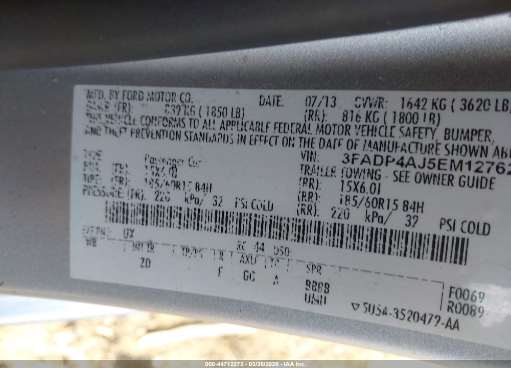 2014 FORD FIESTA S VIN: 3FADP4AJ5EM127624