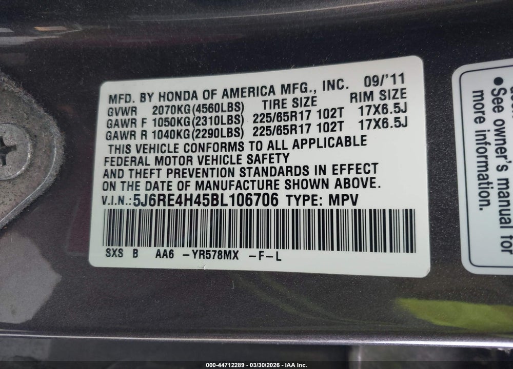2011 HONDA CR-V SE VIN: 5J6RE4H45BL106706