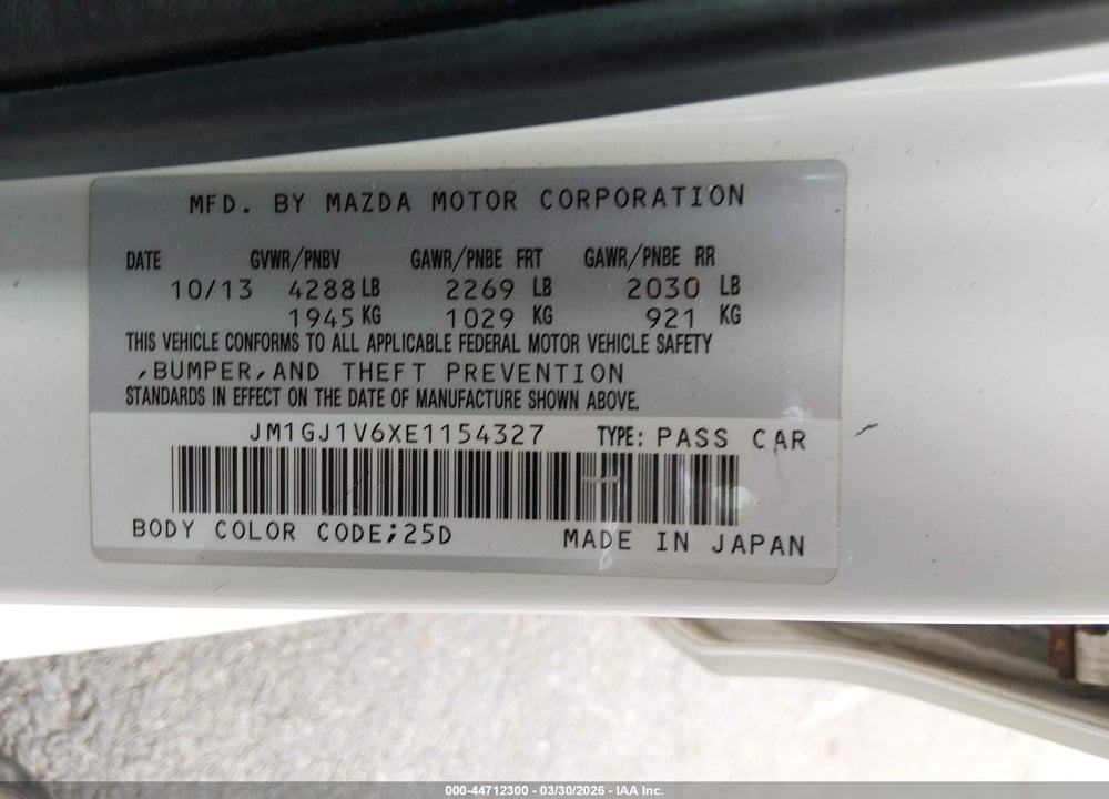 2014 MAZDA 6 I TOURING VIN: JM1GJ1V6XE1154327