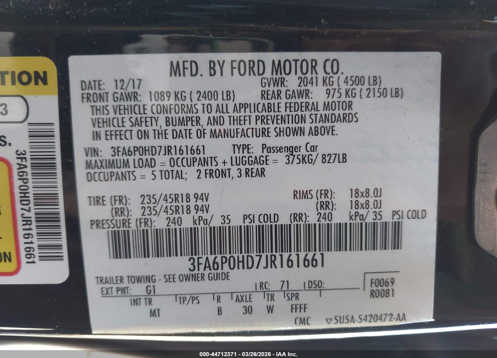 2018 FORD FUSION SE VIN: 3FA6P0HD7JR161661
