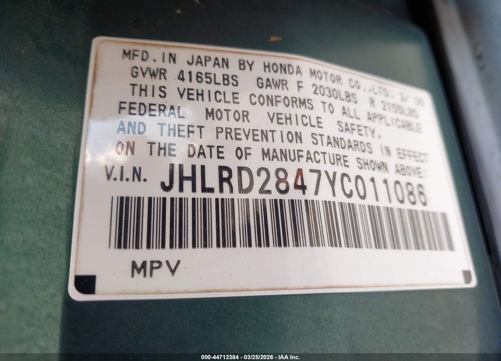 2000 HONDA CR-V LX VIN: JHLRD2847YC011086