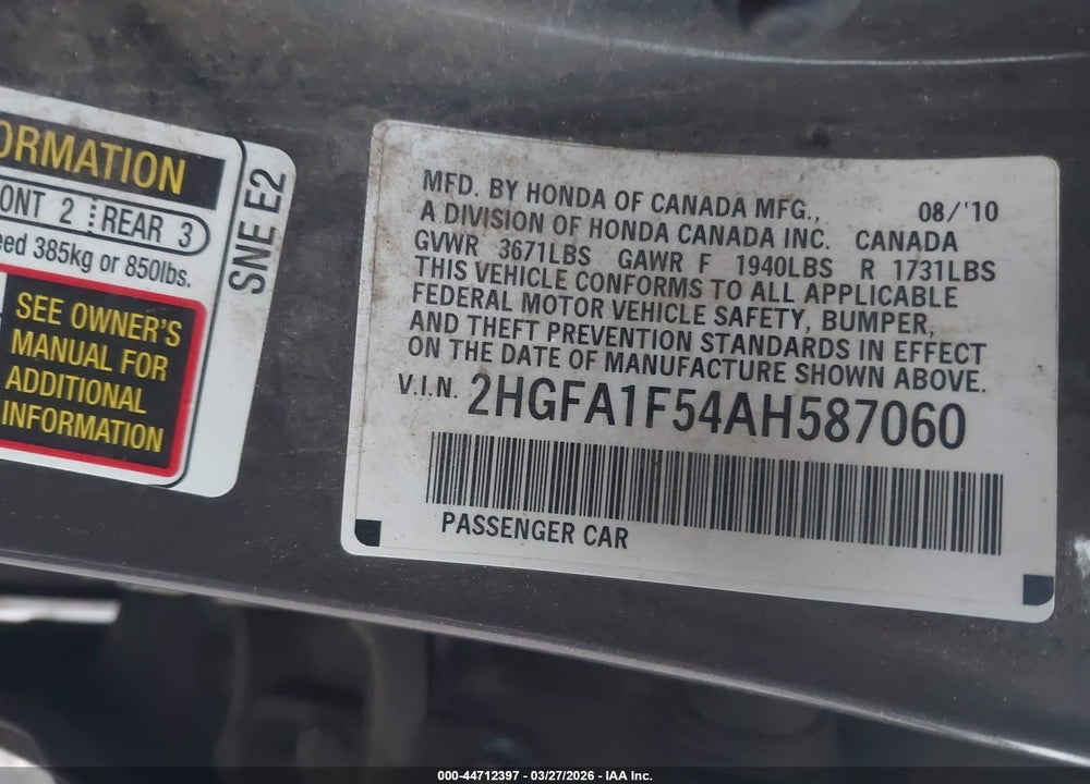 2010 HONDA CIVIC LX VIN: 2HGFA1F54AH587060
