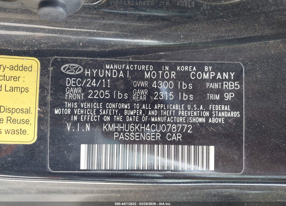 2012 HYUNDAI GENESIS 3.8 TRACK VIN: KMHHU6KH4CU078772