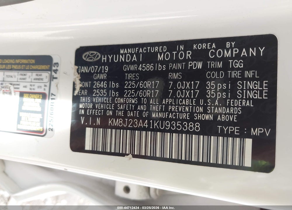 2019 HYUNDAI TUCSON SE VIN: KM8J23A41KU935388