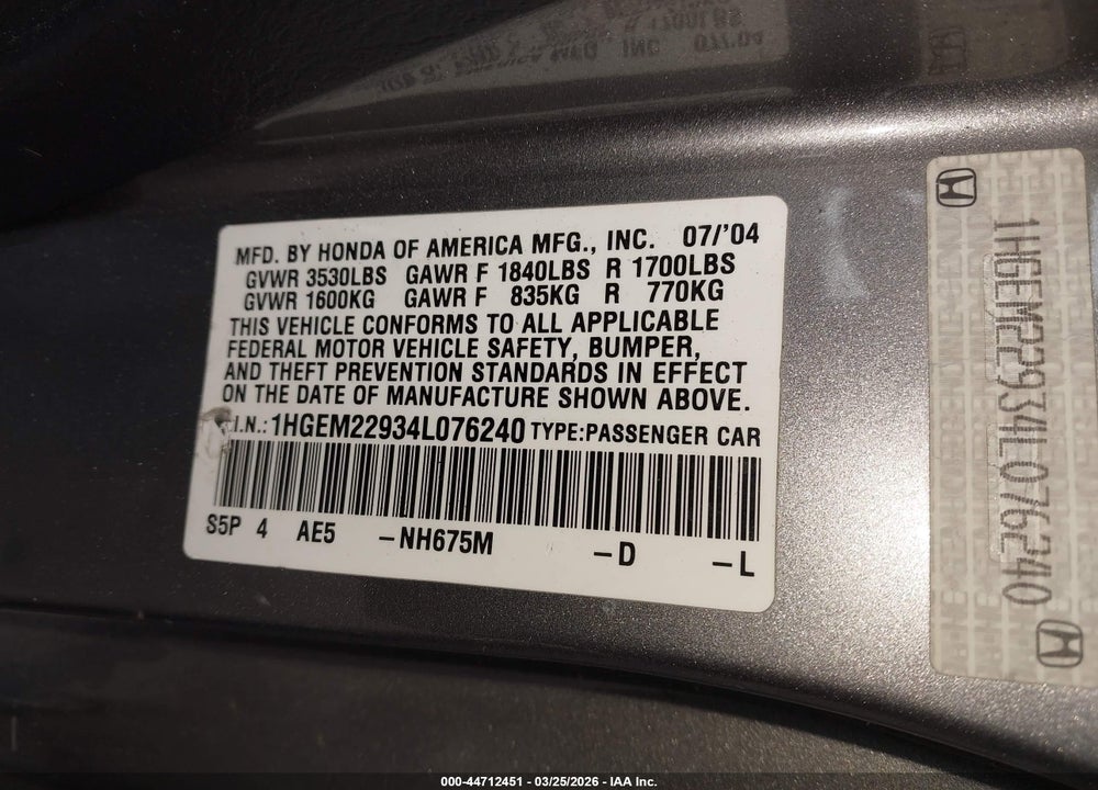 2004 HONDA CIVIC EX VIN: 1HGEM22934L076240