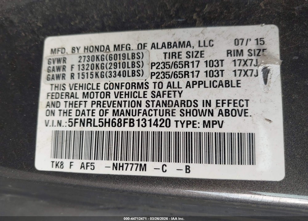 2015 HONDA ODYSSEY EX-L VIN: 5FNRL5H68FB131420