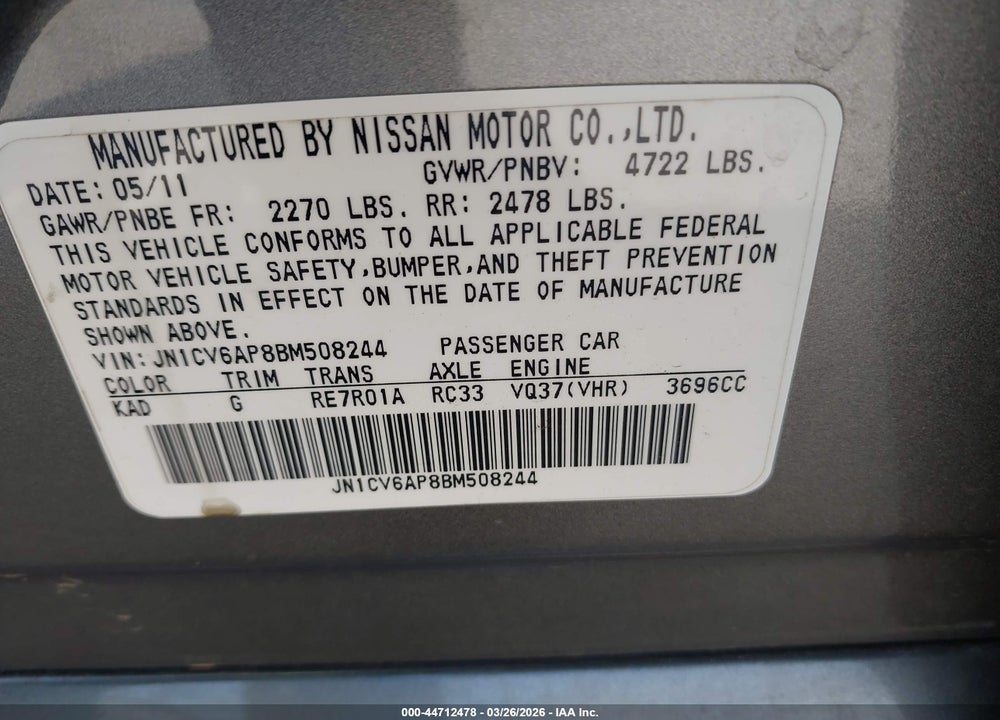 2011 INFINITI G37 BASE VIN: JN1CV6AP8BM508244