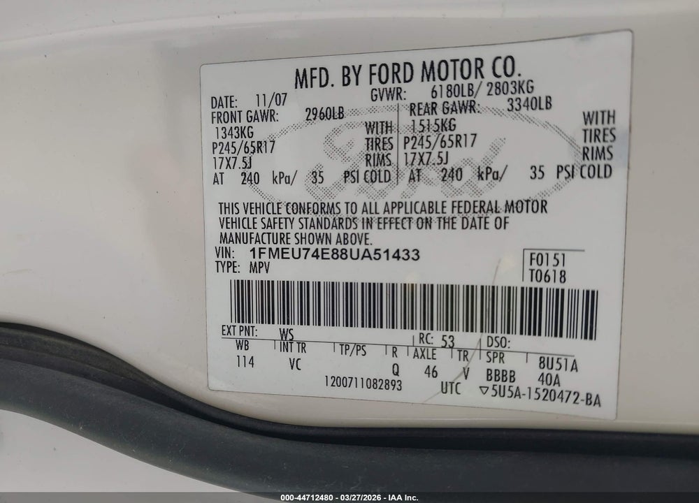 2008 FORD EXPLORER EDDIE BAUER VIN: 1FMEU74E88UA51433