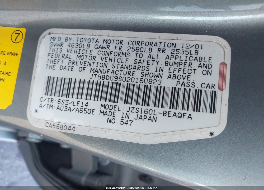 2002 LEXUS GS 300 VIN: JT8BD69S020160823