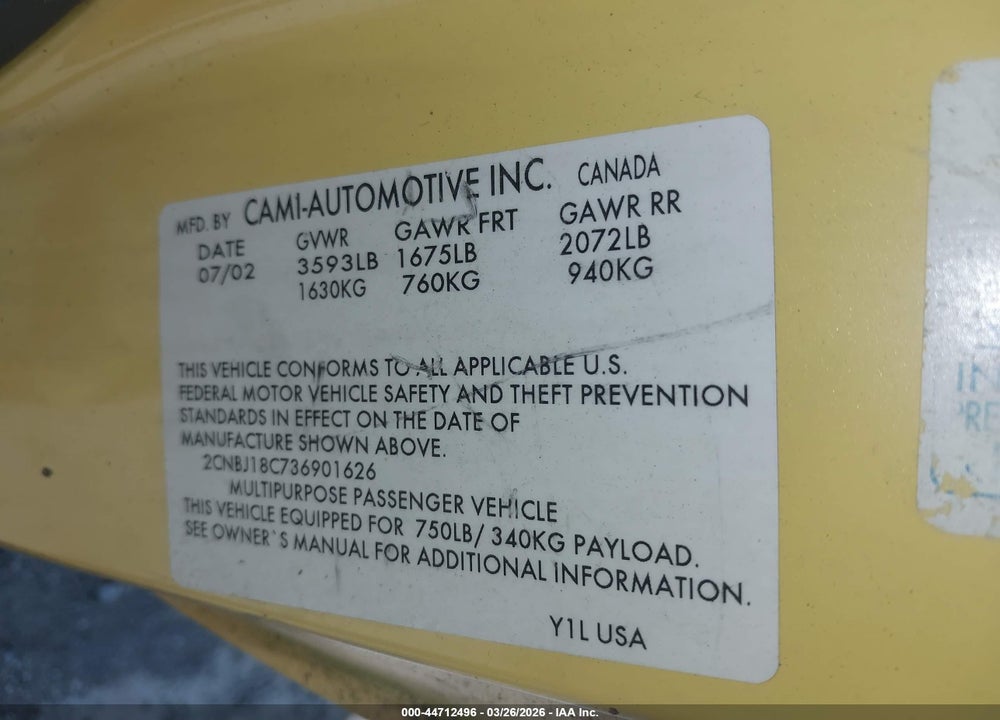 2003 CHEVROLET TRACKER VIN: 2CNBJ18C736901626