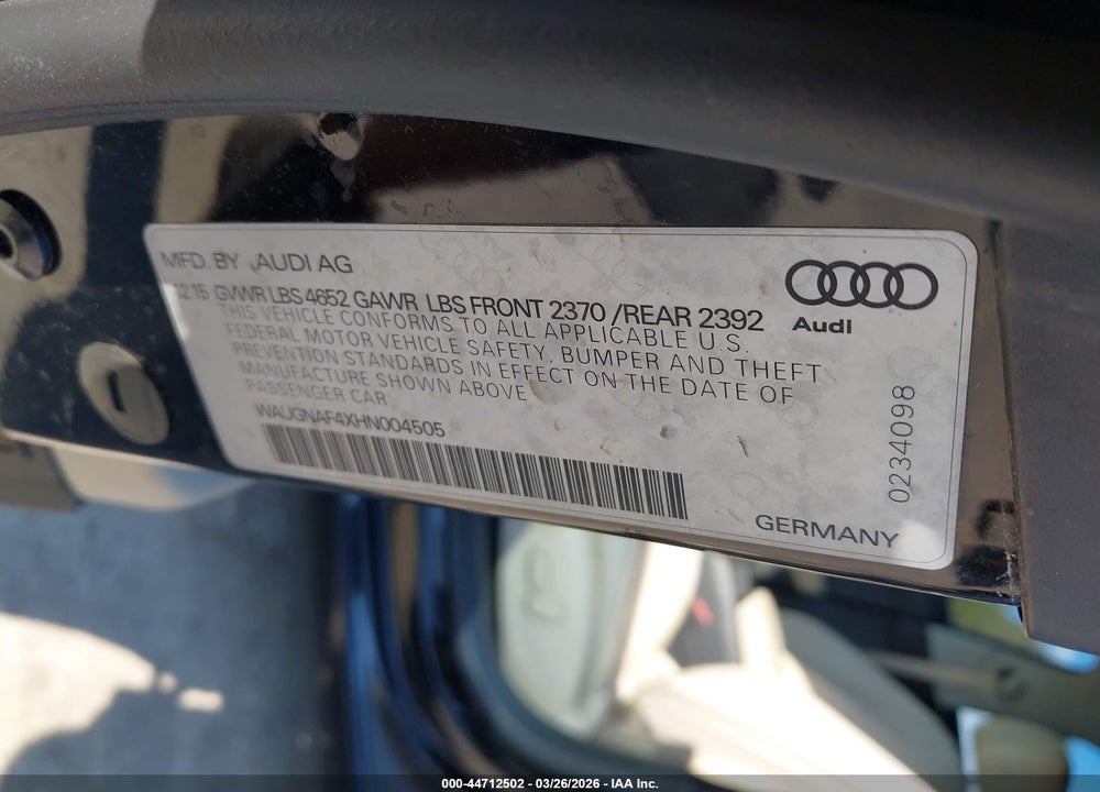 2017 AUDI A4 2.0T PREMIUM VIN: WAUGNAF4XHN004505