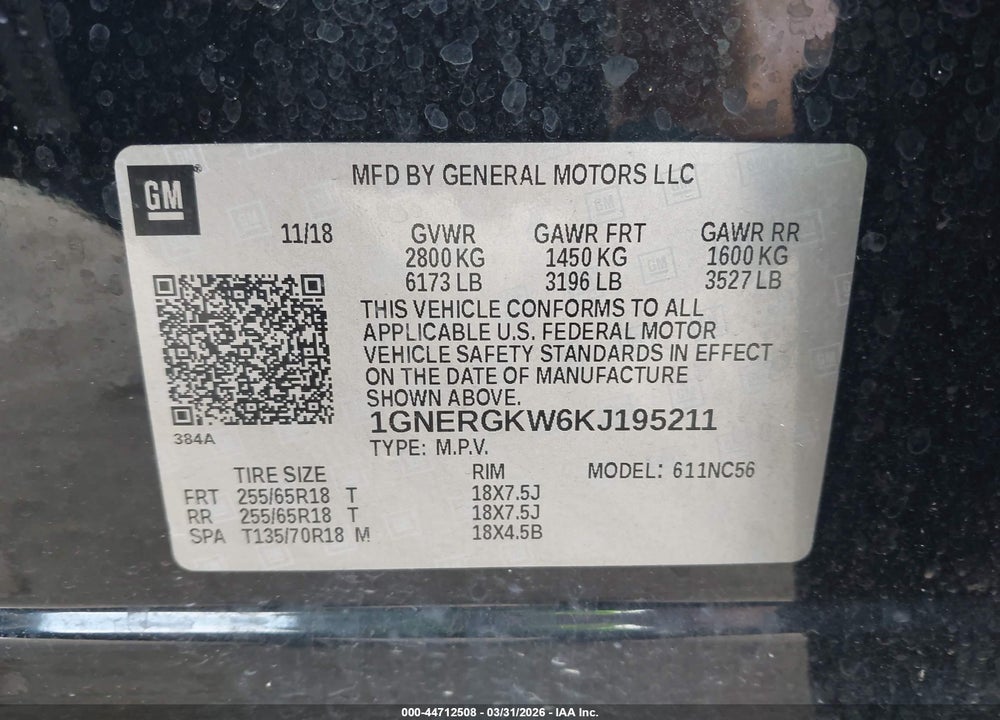 2019 CHEVROLET TRAVERSE 1LT VIN: 1GNERGKW6KJ195211