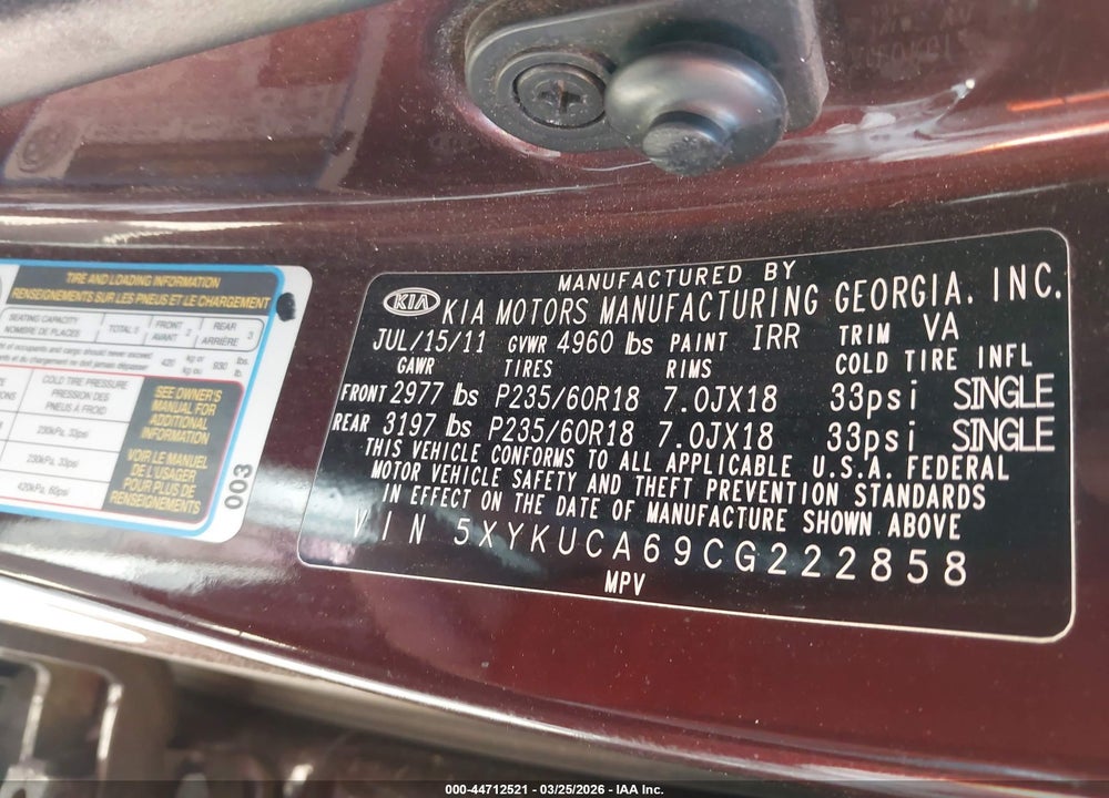 2012 KIA SORENTO EX VIN: 5XYKUCA69CG222858