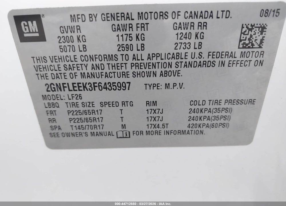 2015 CHEVROLET EQUINOX LS VIN: 2GNFLEEK3F6435997