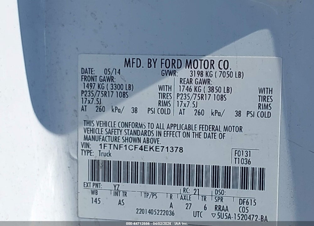 2014 FORD F-150 XL VIN: 1FTNF1CF4EKE71378